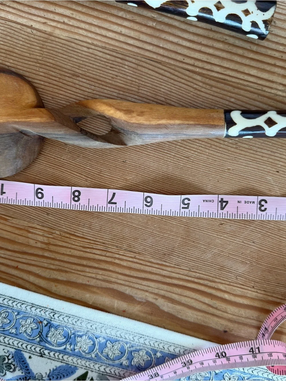 Handcrafted Brown Wood Salad Serving Set with Black & White Patterned Handles
